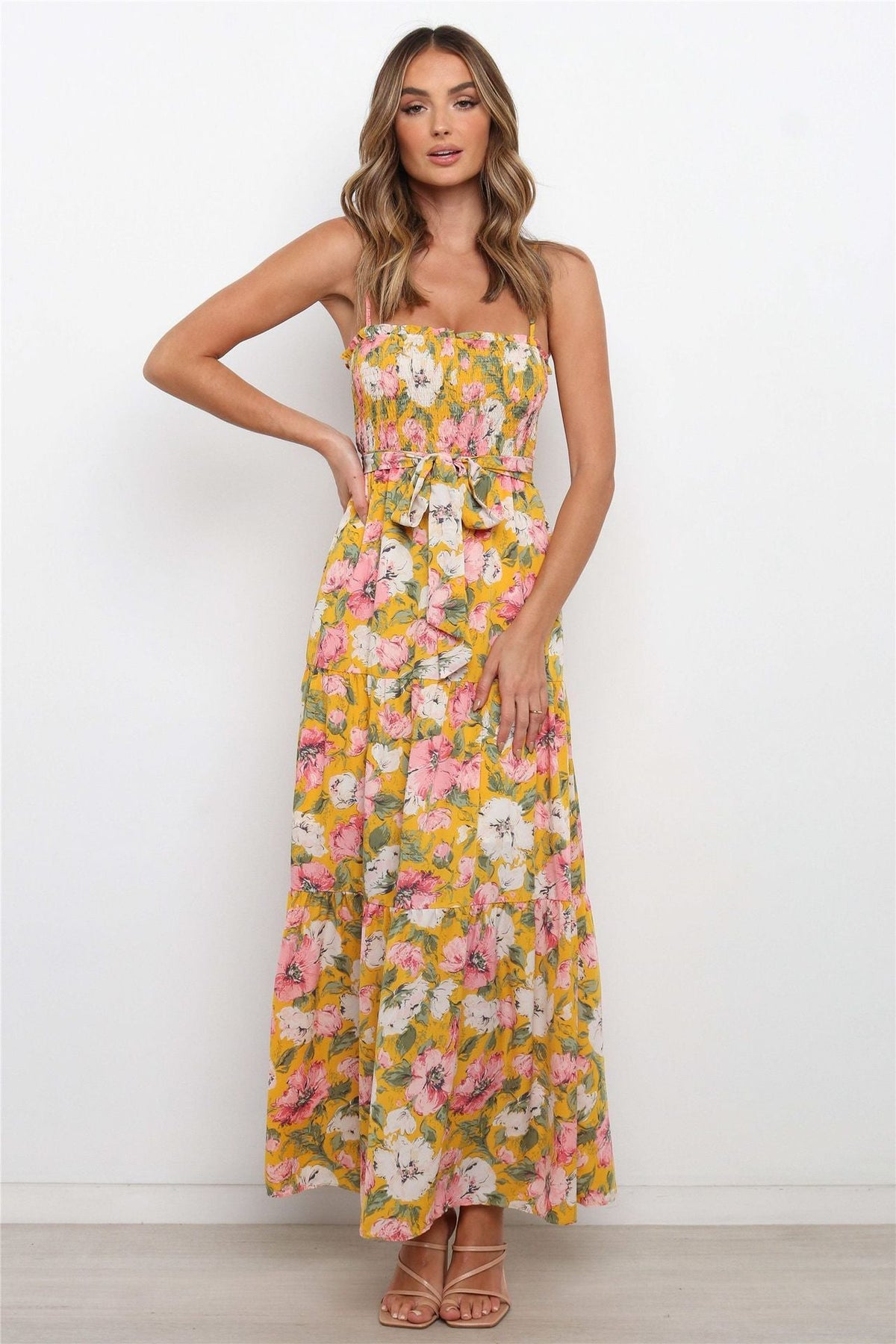Floral Tie Straps Ruffles Midi Dress
