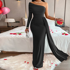 Elegant Solid Fold Oblique Collar Evening Dress Dresses