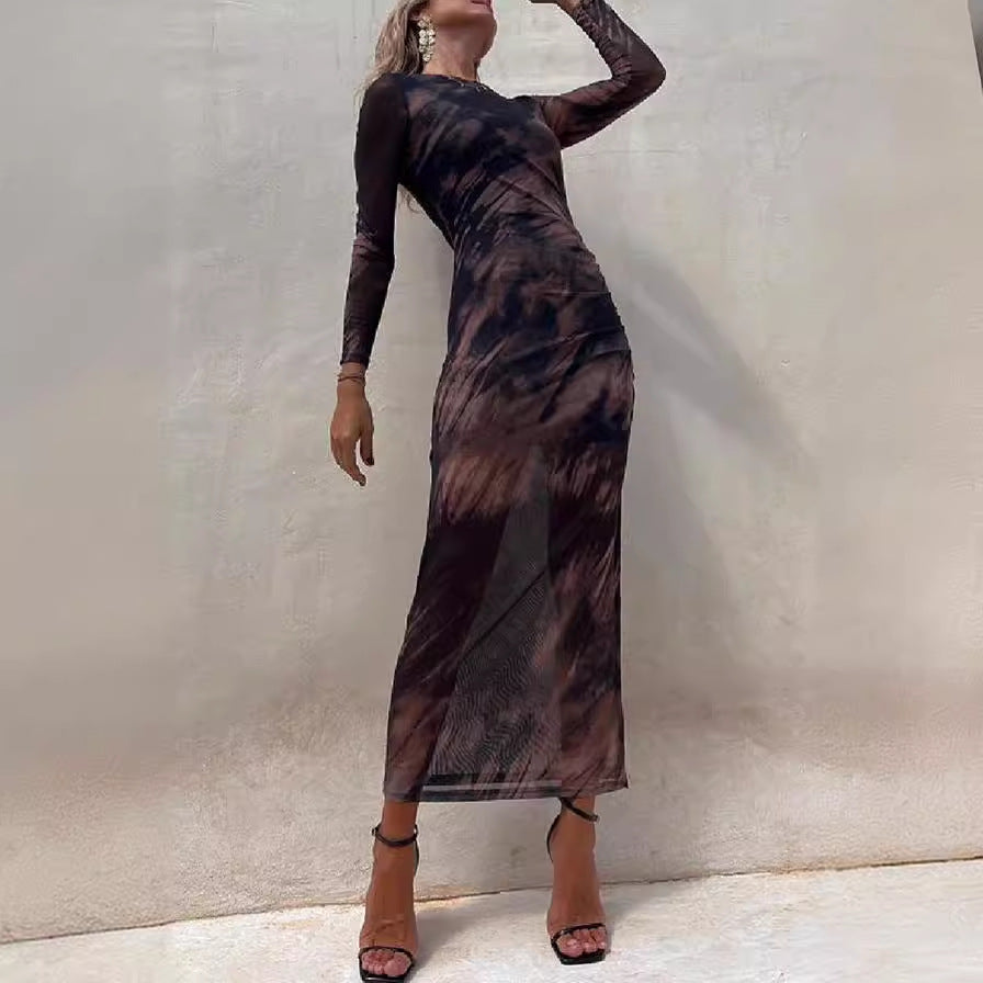 Tie Dye Long Sleeve Bodycon Midi Dress