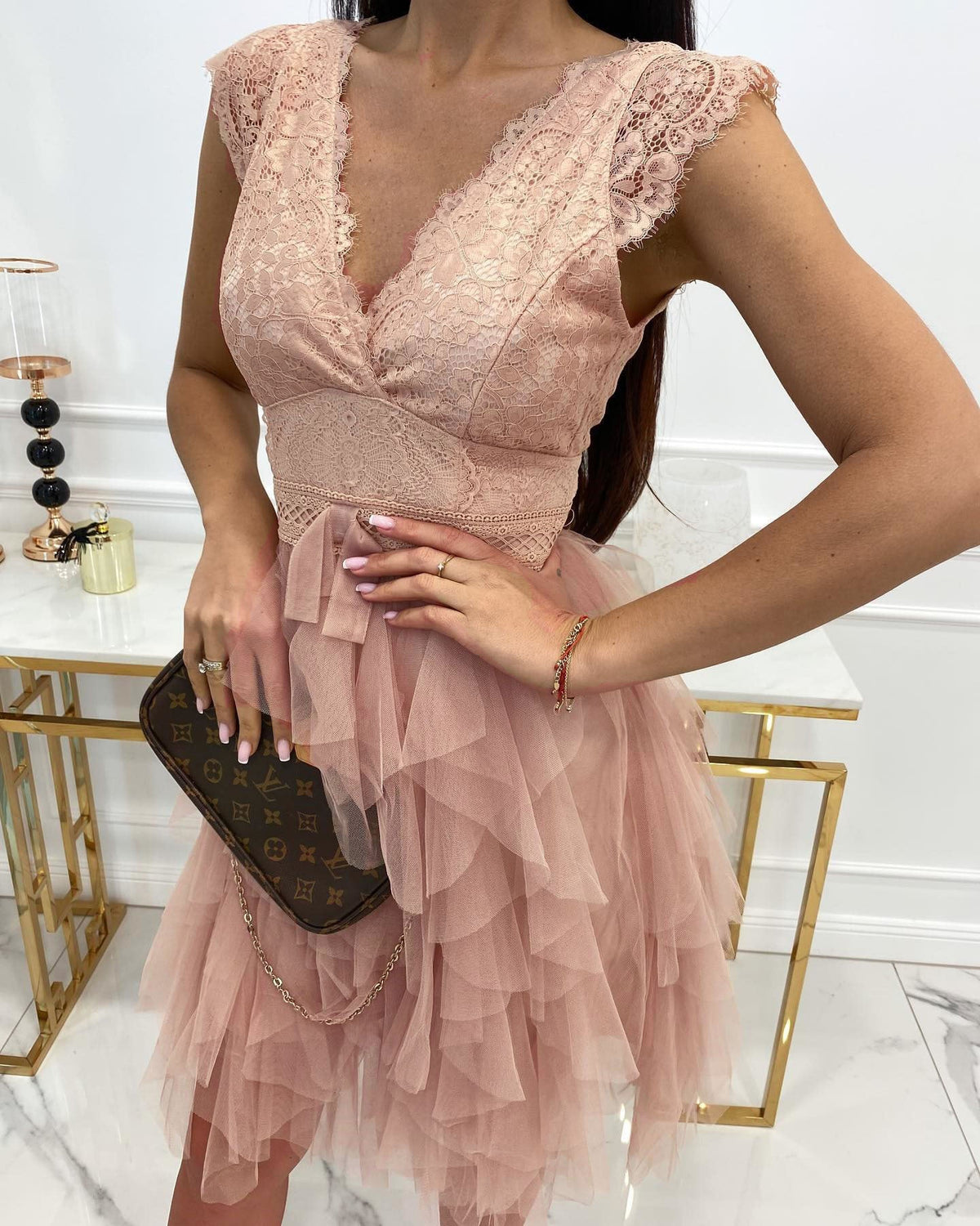 Lace Mesh V Neck Tank Cake Dress