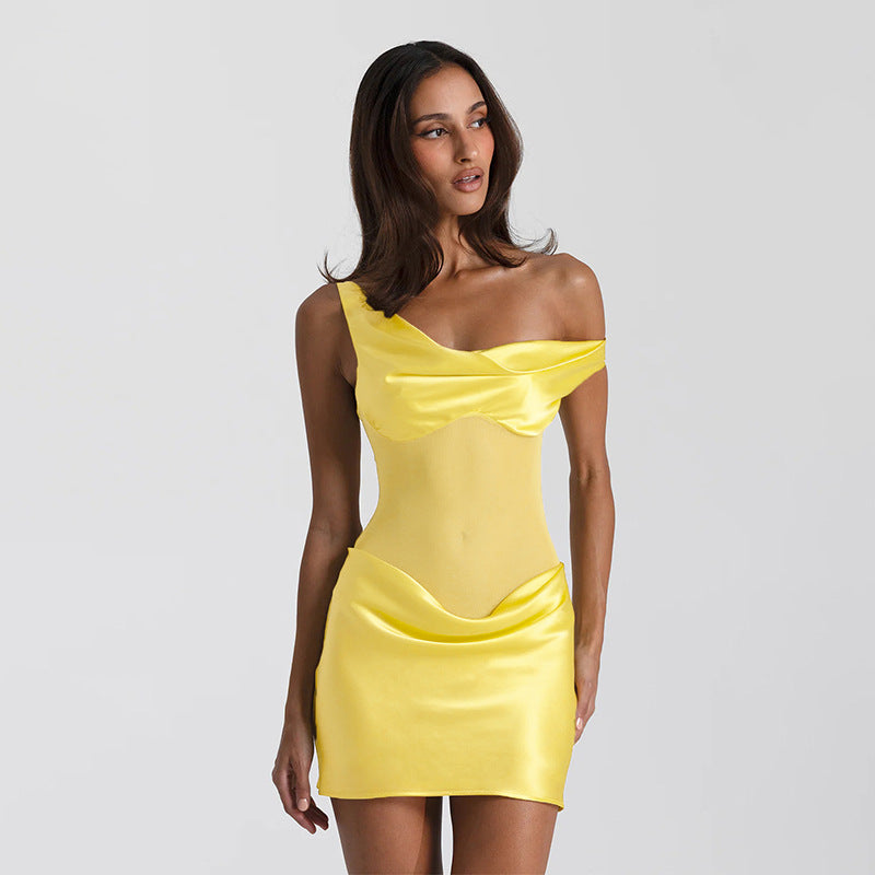 Imitation silk off-shoulder stitching mesh dress