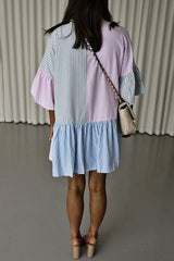 Stripe Color Block Half Button Mini Dress