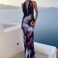 Tie-dye Floral Halter Drape Neck Backless Maxi Dress