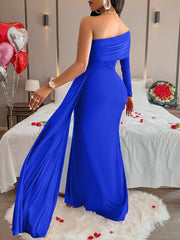 Elegant Solid Fold Oblique Collar Evening Dress Dresses