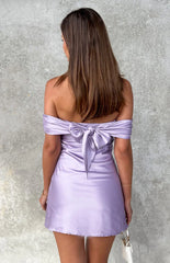 Primrose Purple Satin Off the Shoulder Mini Dress