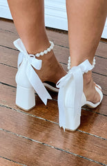 Sansa White Ribbon Pearl Detail Block Heels