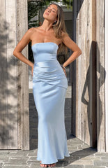 Wren Blue Satin Strapless Maxi Dress