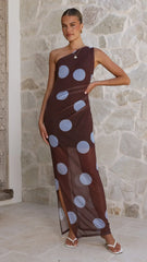 Cataleya Mesh Maxi Dress - Brown / Blue Polka Dot