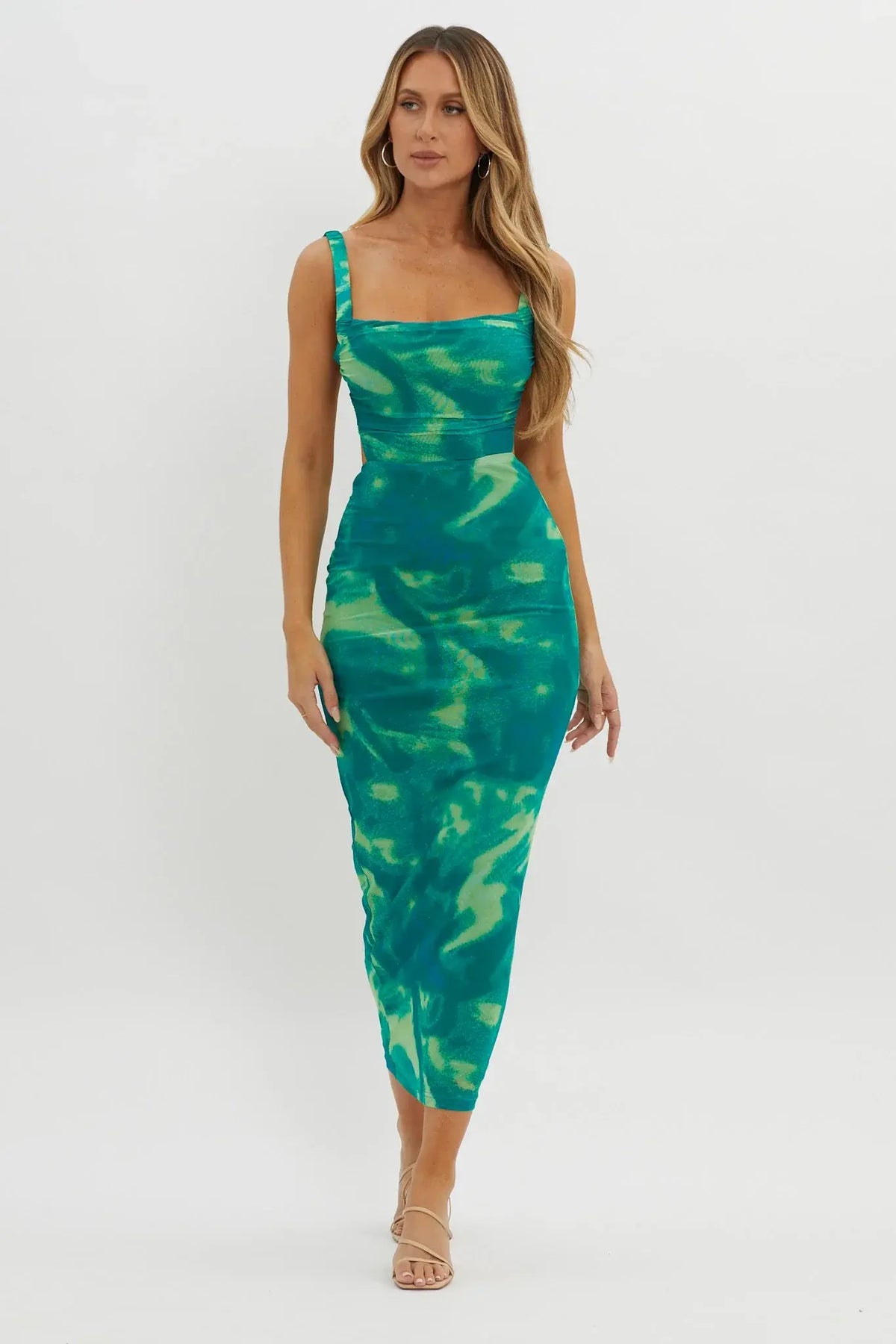 Dream Crush Lace-Up Back Side Split Maxi Dress Swirl Green