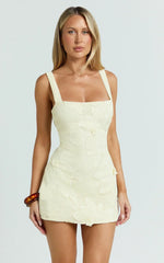 Sienna Mini Dress - Square Neck Floral Embroidered A Line Dress In Lemon