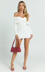 Rani Mini Dress Off Shoulder Long Sleeve Bodycon Dress In Off White