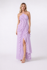 Women's Maxi Dress in Polyester Chiffon – Sleeveless Halter Gown