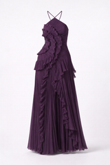 Women's Maxi Dress in Polyester Chiffon – Sleeveless Halter Gown